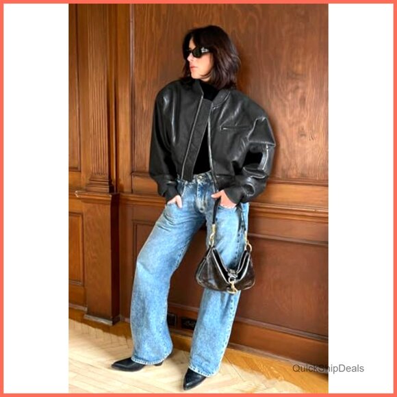 Faux Leather Bomber Jacket with Baseball Collar and Pockets - Picture 3 of 7